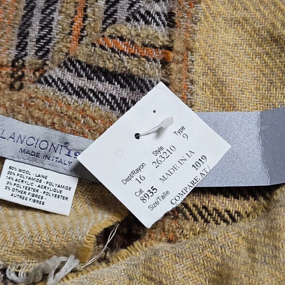 Lancioni 1973 Wool Blend Plaid Long Wrap Scarf‎ Fringed Artisanal Classic